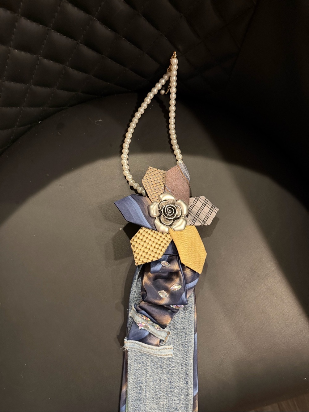 Pearl-Loop Floral Ribbon Bag Charm in Blue, Yellow, and Gray